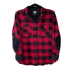 ROOTS Canada Red Black Checked Plaid Flannel Button Front Shirt Elbow Patches M